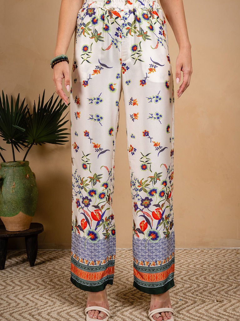 Wide-Leg Floral Border Pants In White